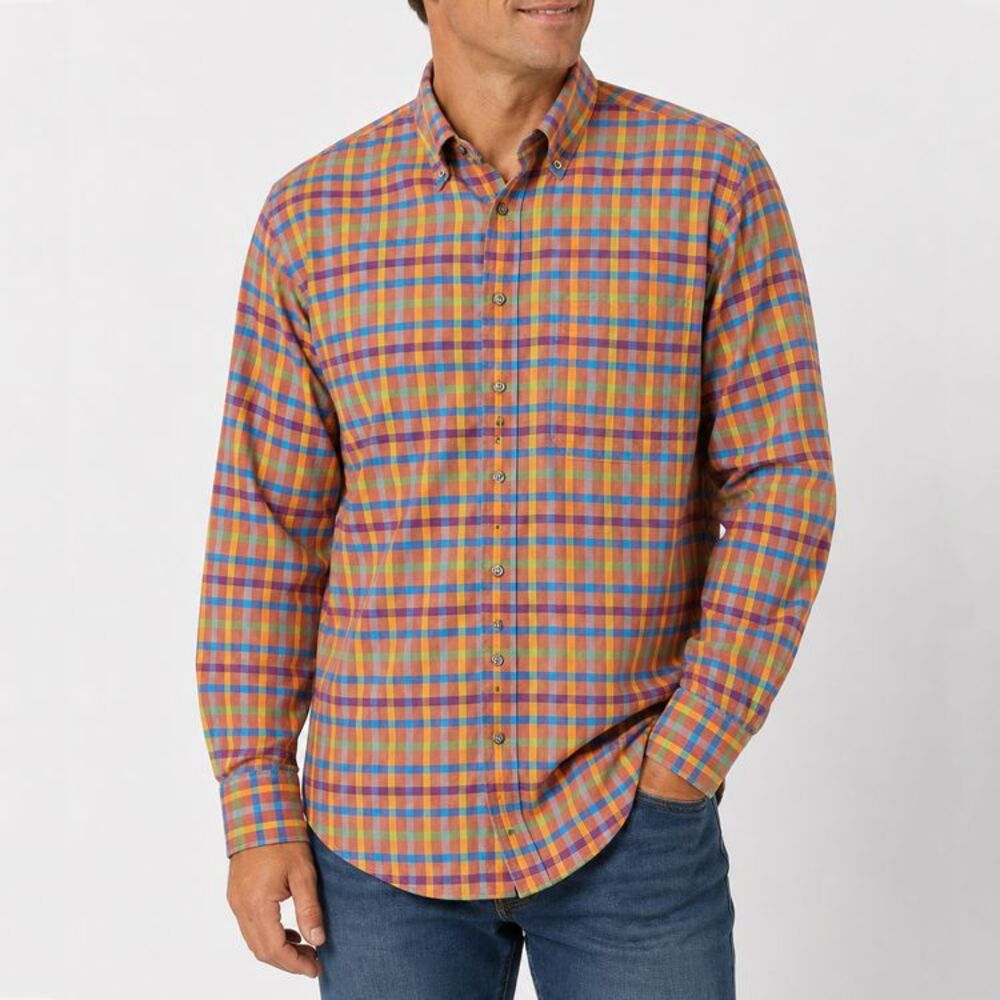 Scott Barber Mens M Orange Blue Plaid Button Down Shirt Cotton Long Sleeve